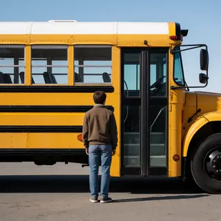 A person standing next to a yellow school bus, showing reali