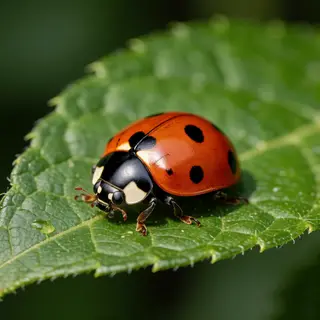 A ladybug sitting on a large green leaf, shown at realistic 