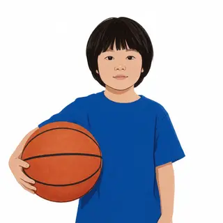 A child holding a basketball, both at correct relative sizes