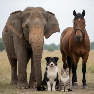 A group photo of an elephant, a horse, a dog, a cat, and a m