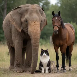 A group photo of an elephant, a horse, a dog, a cat, and a m