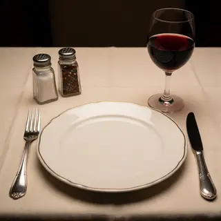A dinner table scene with a plate, fork, knife, wine glass, 