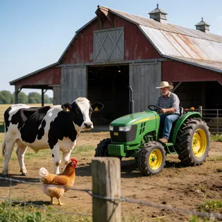 A farm scene with a barn, tractor, farmer, cow, chicken, and