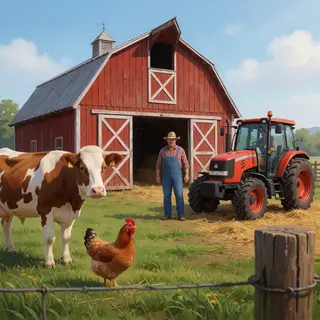 A farm scene with a barn, tractor, farmer, cow, chicken, and