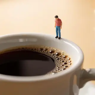A tiny person standing on the rim of a coffee cup, looking d