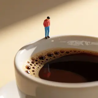 A tiny person standing on the rim of a coffee cup, looking d