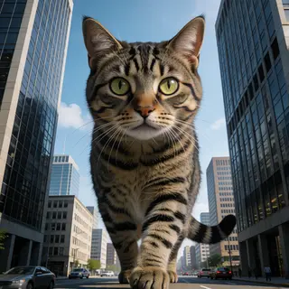 A giant tabby cat walking between city skyscrapers like a ka