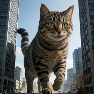 A giant tabby cat walking between city skyscrapers like a ka
