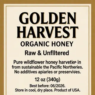 A product label for 'GOLDEN HARVEST ORGANIC HONEY' with subt