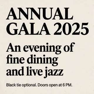 An event banner with headline 'ANNUAL GALA 2025' at the top 