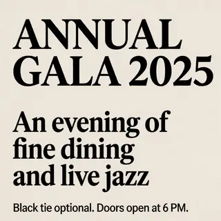 An event banner with headline 'ANNUAL GALA 2025' at the top 