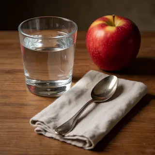 A still life on a wooden table featuring a clear glass of wa