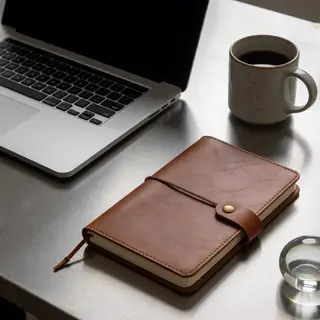 A workspace desk with a brushed aluminum laptop, a leather-b