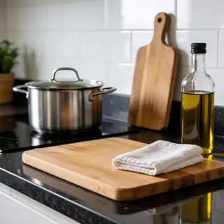 A kitchen counter with a stainless steel pot, a wooden cutti