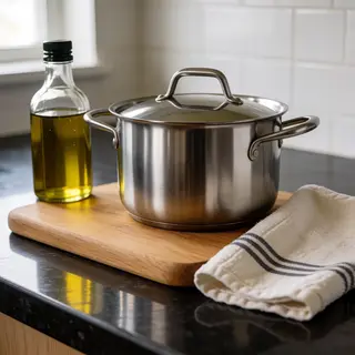 A kitchen counter with a stainless steel pot, a wooden cutti