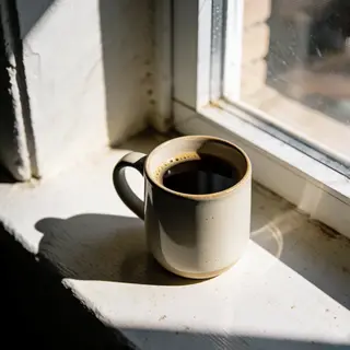 A coffee mug on a sunny windowsill casting a sharp shadow to