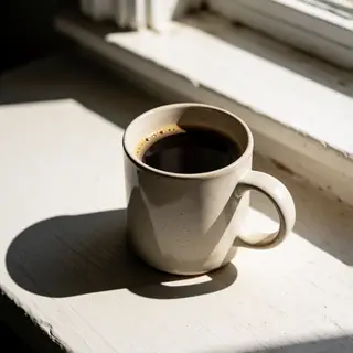 A coffee mug on a sunny windowsill casting a sharp shadow to