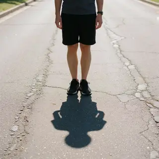 A person standing outdoors at midday with a short shadow dir