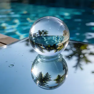 A clear glass sphere sitting on a mirror surface near a pool