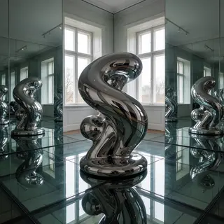 A chrome sculpture in a room with a glass floor and large wi