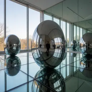 A chrome sculpture in a room with a glass floor and large wi