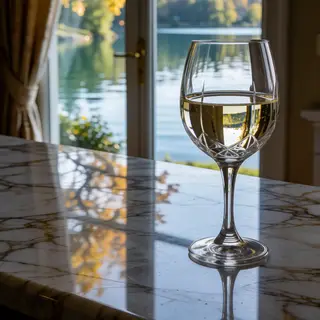 A crystal wine glass on a polished marble counter next to a 