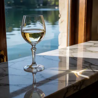 A crystal wine glass on a polished marble counter next to a 