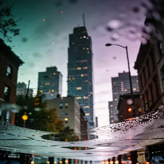 A city skyline reflected in a rain puddle on a street, with 