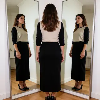 A woman standing in front of a full-length mirror, her refle