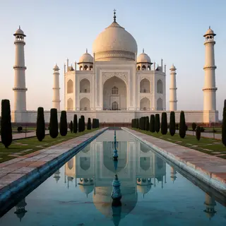 The Taj Mahal in Agra seen from the reflecting pool, with ac