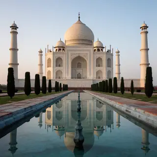 The Taj Mahal in Agra seen from the reflecting pool, with ac
