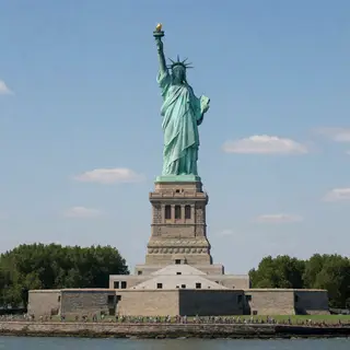 The Statue of Liberty on her island pedestal, with correct t