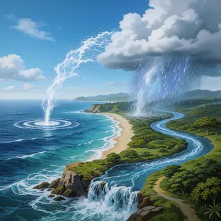 A detailed diagram of the water cycle showing evaporation fr