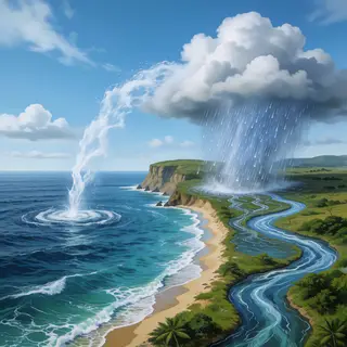A detailed diagram of the water cycle showing evaporation fr