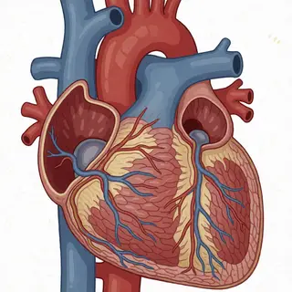 An anatomical illustration of the human heart showing four c