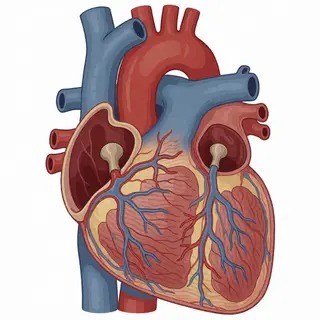 An anatomical illustration of the human heart showing four c