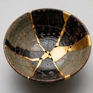 A Japanese kintsugi bowl — cracked ceramic repaired with vis