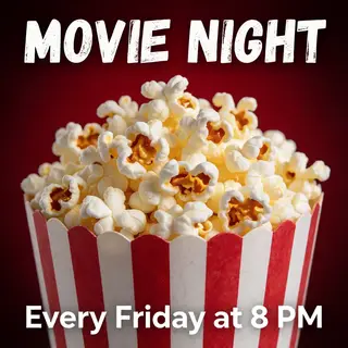 A movie night poster with a large popcorn image in the cente