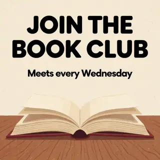 A book club poster with an open book illustration, the title