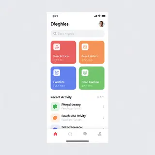 A mobile app UI mockup showing a dashboard with a top naviga