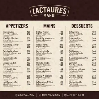 A restaurant menu layout with a logo header, three category 