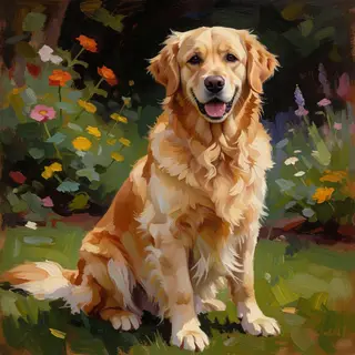 A golden retriever sitting in a garden, painted in the style