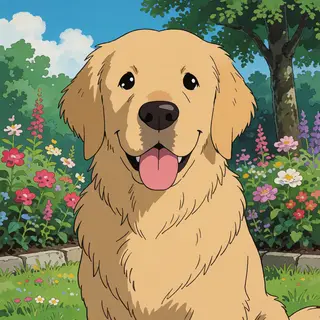 A golden retriever sitting in a garden, rendered in Japanese