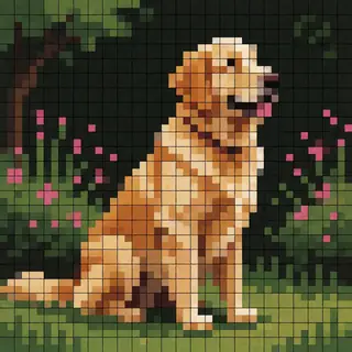 A golden retriever sitting in a garden, rendered in pixel ar
