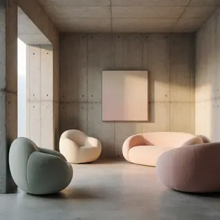 An interior scene rendered in soft brutalism — raw concrete 