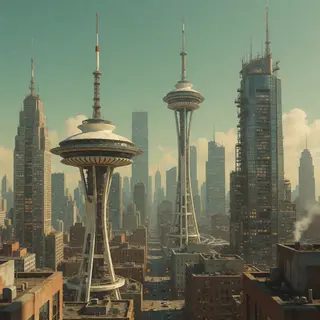 A cityscape rendered in nostalgic futurism — retro-futuristi