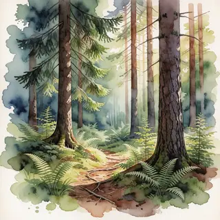A forest rendered in photorealistic watercolor — the detail 
