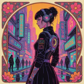 A woman in a futuristic city rendered in cyberpunk Art Nouve