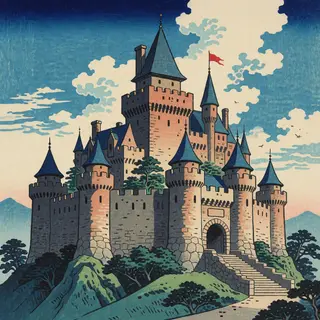 A medieval castle depicted in Japanese ukiyo-e woodblock pri