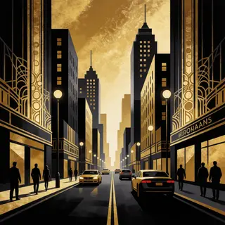 A city street scene in the style of Art Deco — geometric sha